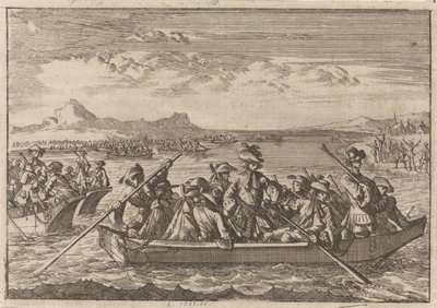 Waldensere jaget fra Savoyen vender tilbage til deres land i pramme over Genevesøen, 1689 af Caspar Luyken