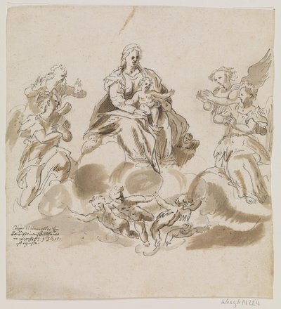 Jomfru Maria med barnet i himlen omgivet af engle og putti af Caspar Menneler