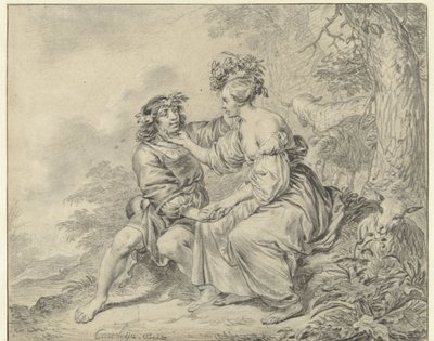 Hyrde og hyrdeinde siddende i et landskab af Casper Casteleyn