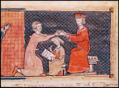 Den kongelige anklager, skriveren og feudalherren, fra Capbreu de Clayra et de Millas 1292 af Catalan School