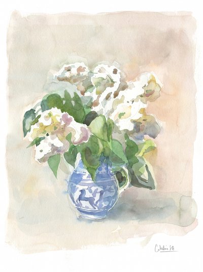 Bløde hvide blomster i blå kande af Catalina Somolinos
