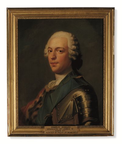 Prins Charles Edward Stuart, i rustning, med blåt skær af strømpebåndsordenen (olie på lærred) af Catherine (attr. to) Read