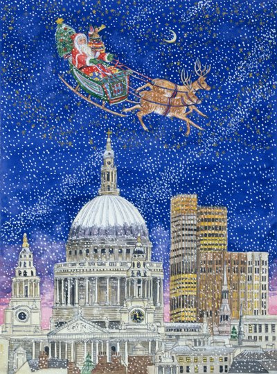 Julemanden flyver over London (wc på papir) af Catherine Bradbury