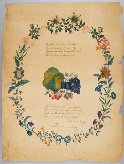 Uden titel (digt og dekorativ krans) (wc, grafit & blæk på papir) af Catherine Emma Manley