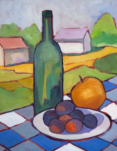 Vin og landskab, 2025 (olie på lærred) af Catherine J Martzloff