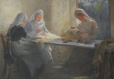 Kensington War Hospital Supply Depot (Kensington Square), Tre sygeplejersker sidder ved et bord og syr, ca. 1916 (olie på lærredstavle) af Catherine Ouless