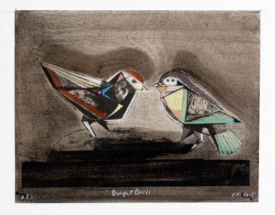 Bright Birds, 2014 (mokulito-litografi med håndkolorering) af Cathie Pilkington