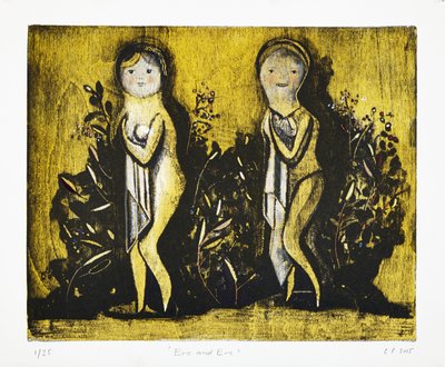 Eve and Eve, 2015 (mokulito-litografi med håndkolorering) af Cathie Pilkington