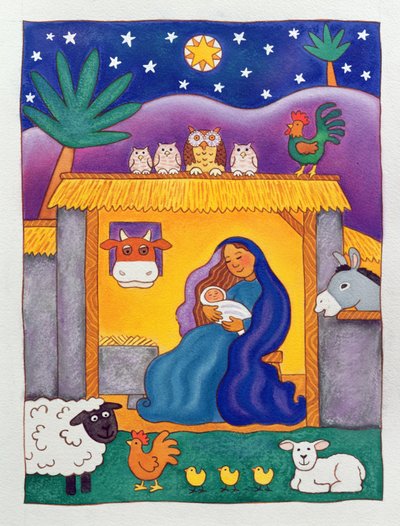 A Farmyard Nativity, 1996 (wc) af Cathy Baxter