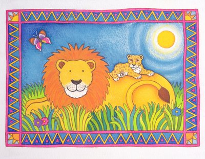 Løve i solen, 1997 (wc og pastel på papir) af Cathy Baxter