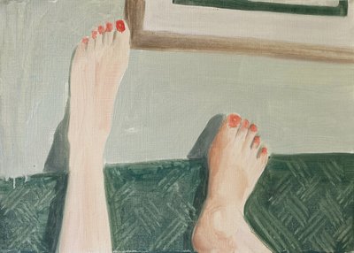 28.04.20 Hun talte i telefon, 2020 (olie på papir) af Cathy Lomax