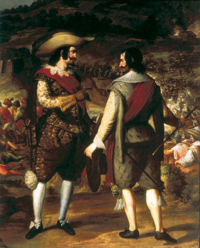 Indtagelsen af San Juan i Puerto Rico (Puerto Rico) (1625). Detalje. I forgrunden taler Don Juan de Haro med sin assistent. Bag ham fæstningen bevogtet af spanierne, der tvinger hollænderne til at forlade. Maleri af Eugenio Caxes eller Cajes (1577-1634) af Caxesi or Caxete Eugenio Caxes