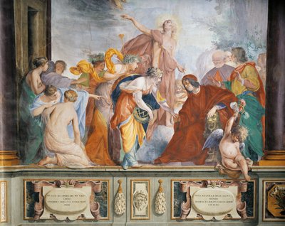 Lorenzo byder muserne og dyderne velkommen akkompagneret af Apollo til Firenze, af Francesco Montelatici kendt som Cecco Bravo, fresco af Cecco  Bravo