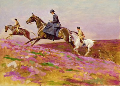 Lady Currie med sine sønner Bill og Hamish Hunting on Exmoor (olie på lærred) af Cecil Charles Windsor Aldin