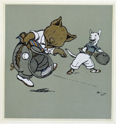 Gris og ræv spiller tennis - i “” Merry Party””, ill. af Cécil Aldin, red. Hodder & Stoughton, London af Cecil Charles Windsor Aldin