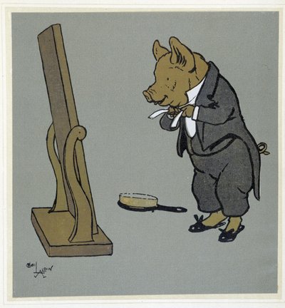 Pig se grooming, juster son knot de tie devant un miroir - in ""Merry Party"", ill. af Cécil Aldin, red. Hodder & Stoughton, London af Cecil Charles Windsor Aldin