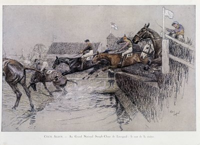 The Grand National Steeplechase i Liverpool: The Jumping of the River - tegning af Cecil aldin af Cecil Charles Windsor Aldin