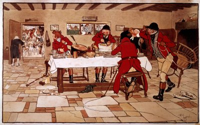 De tre duer snack. Jægere laver mad og spiser hurtigt, inden de tager på jagt. Gravering af Cecil Aldin (1870 -? ), England. Saml. Del af Cecil Charles Windsor Aldin