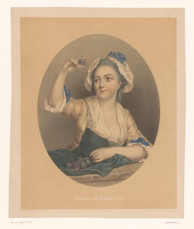 Ung kvinde med blommer Prunes de Monsieur (titel på objekt) af Celestin Deshayes