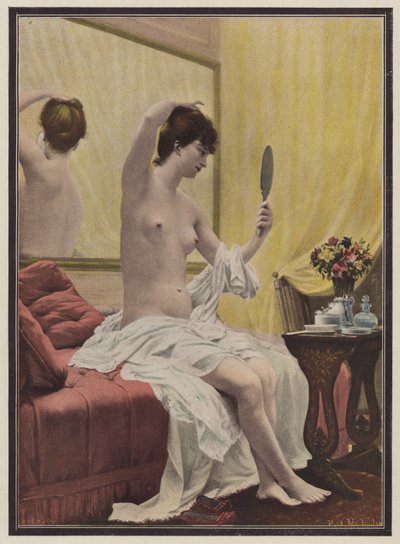 Kvinde ved sit morgentoilet (farve litho) af Celestin Francois (after) Nanteuil