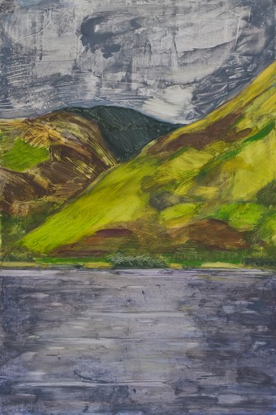 Lake Talyllyn, Wales, 2010 (olie på panel) af Celia Montague