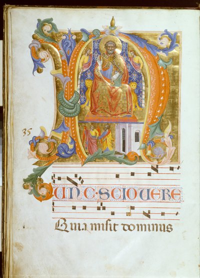 Initial N med Saint Peter Enthroned og Liberation of Saint Peter af Cenni di Francesco