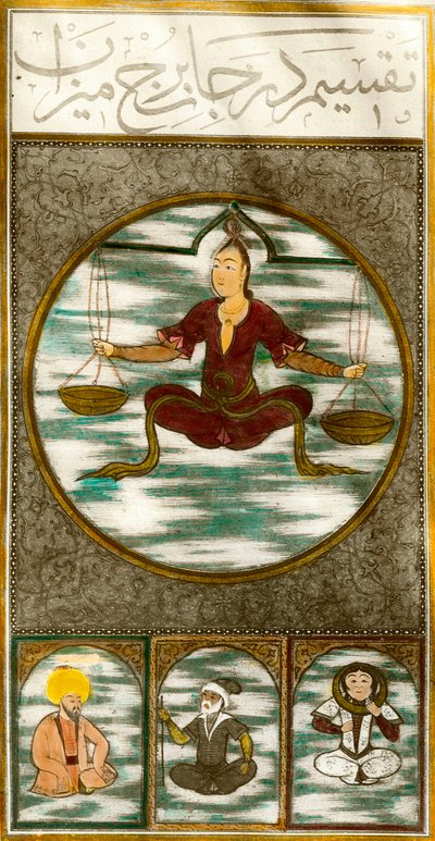 Stjernetegn: repræsentation af balancens astrologiske tegn. Plade taget fra et manuskript. Privat samling af Central Asian School