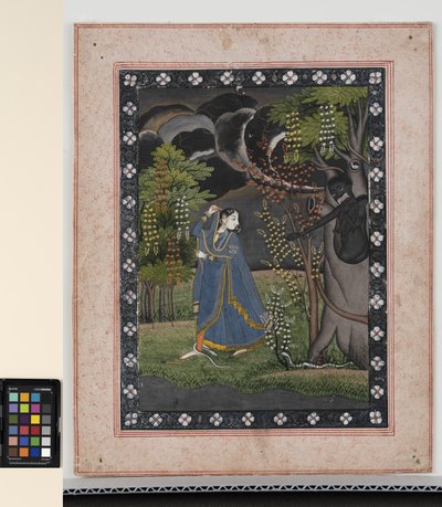 Abhisarika Nayika, ca. 1820 (ugennemsigtige pigmenter og guld på papir) af Central Indian School