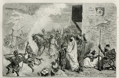 En ung dreng bærer i triumf ved tilbagekomsten af omskæringsceremonien, midt i mængden, der skyder pistolskud i luften, mens han skriger og hygger sig igen, gravering af C.Biseo for at illustrere historien Le Maroc af Edmondo de Amicis , i af Cesare Biseo