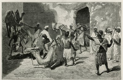 Lastning af kameler fra Atanger, forfatterens karavane, stik af Biseo, til illustration af historien Le Maroc af Edmondo de Amicis, i 1875, udgivet i Tour du Monde, under ledelse af Edouard Charton af Cesare Biseo