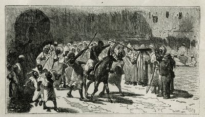 en tyvs chatiment, klatrer på et muldyr, han modtager stave under folkemængdens huees, stik af C.Biseo, til illustration af historien Le Maroc af Edmondo de Amicis, i 1875, offentliggjort i tour du monde, under ledelse af Edouard Charton af Cesare Biseo