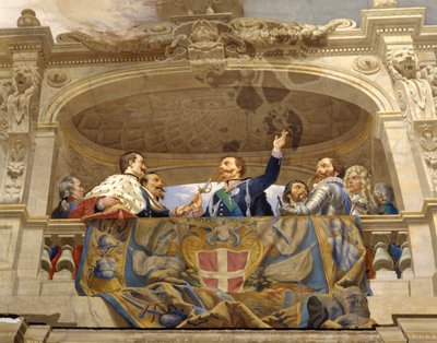 Carlo Alberto giver Vittorio Emanuele II sit sværd, detalje (detalje af 3433390) af Cesare Mariani