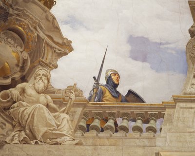 Detalje fra Allegory of Italy, fresco af Cesare Mariani (1826-1901), loft, Hall of Majority, Palazzo delle Finanze (Finanspaladset), Rom. Italien af Cesare Mariani