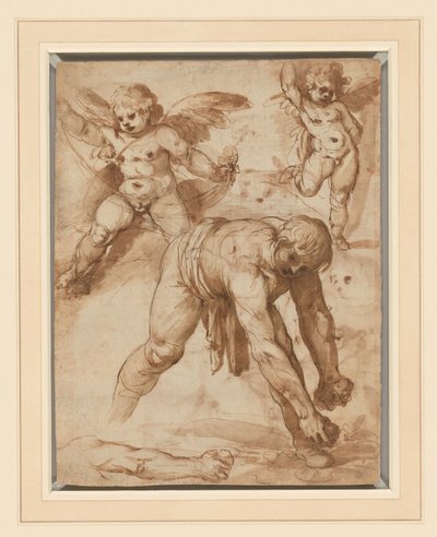 Studier af en figur, der bøjer sig, to putti og en arm (recto); Hvil på flugten til Egypten (verso) af Cesare Rossetti