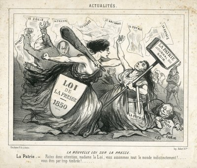 Illustration af Cham (1819-1879) i Le Charivari, omkring 1850-4-3 - Den nye lov om pressen - Censur, Presse/Media, Loi - Proudhon Pierre-Joseph (1809-1965), Girardin Emile de (1806- 1881) - Allegorie af Amédée de Noé