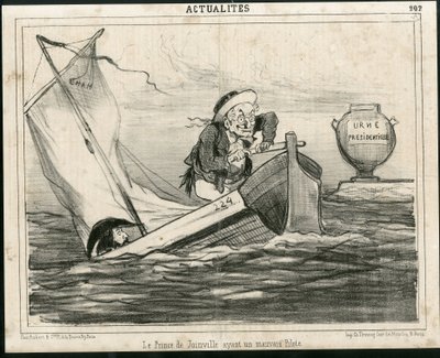 Illustration af Cham (1819-1879) i Le Charivari, omkring 1850 - Prinsen af Joinville har en dårlig pilot - Valg, republikkens præsident, Maritime Marine Nautique Balneaire - Thiers Adolphe, Francois d