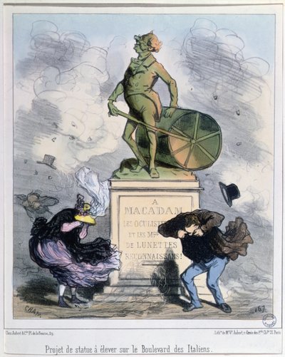 Projekt til at rejse en statue til ære for Macadam på Boulevard des Italiens, Paris (farve litho) af Amédée de Noé