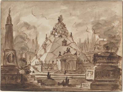 Arkitektonisk fantasi med et pyramideformet mausoleum, ca. 1747 (pen og brunt blæk med brun lavering på lagenpapir) af Charles-Michel-Ange Challe
