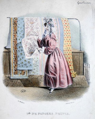Tapetsælger, ca. 1840 (farvelitografi) af Charles (after) Philipon