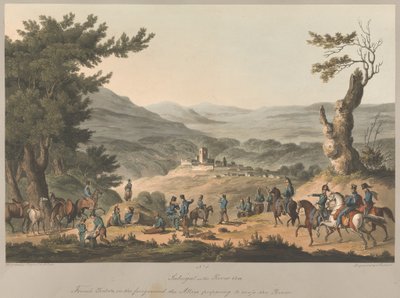Nr.5. Sabugal ved floden Coa Franske strejker i forgrunden, de allierede, der forbereder sig på at krydse floden af Charles (after) Turner
