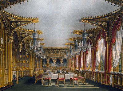 Gotisk spisestue, Indgravering af Thomas Sutherland (1785-1838), Baseret på design af Charles Wild (1781-1835), Fra The History of the Royal Residences af Charles (after) Wild