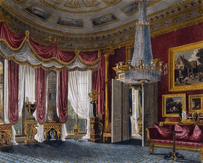 Lyserød satinstue, gravering af Richard Reeve (født i 1780), baseret på design af Charles Wild (1781-1835), fra The History of the Royal Residences af Charles (after) Wild