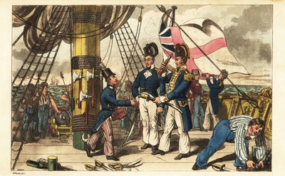 Kaptajn Spring gør Midshipman Newcome til sin medhjælper og rækker ham sit sværd på kvartdækket af HMS Victory af Charles (c.1797 1850) (after) Williams