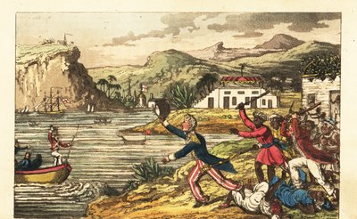 Engelsk flådeofficer flygter fra en vred Massa-plantemaskine og Quashee-slavede mænd, der laver kæledyr i Jamaica af Charles (c.1797 1850) (after) Williams