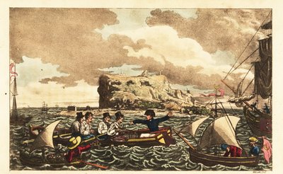 Midshipman Newcome overført med robåd til HMS Vanguard nær Gibraltar af Charles (c.1797 1850) (after) Williams