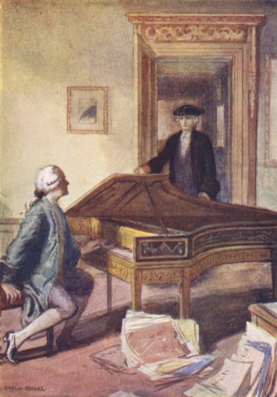Mozart og den mystiske fremmede (farve litho) af Charles A. Buchel