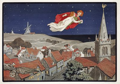 Peter og Wendy flyver fra Peter Pan af J M Barrie (1860 - 1937), Pub.1904 (Color Litho) af Charles A. Buchel