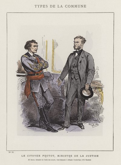 Citizen Protot, justitsminister, hr. Rousse, chef for advokatsamfundet, kommer for at bede om at forsvare ærkebiskoppen og hr. Chaudey af Charles Albert d Arnoux Bertall