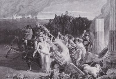 Gallere bortført af hunnerne (litho) af Charles Alexandre Coessin de la Fosse