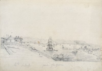 Til højre, lejren for franskmændene fra Baudin-ekspeditionen til Bennelong-punktet, venstre, Sydney, hjemsted for Nicolas Bayley - blyant og blæk af Charles Alexandre Lesueur af Charles Alexandre Lesueur
